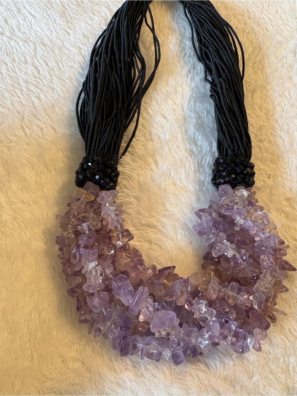 Handmade Amethyst Chip Multi-Strand Statement Necklace - silk Black Cord.